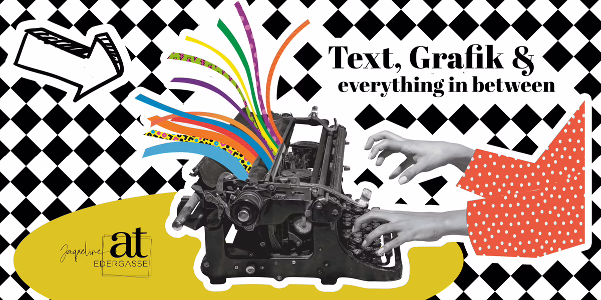 Grafik Tippende Hände auf Schreibmaschine, die bunte Papierstreifen ausspuckt